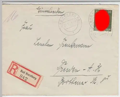 (B1232) Bedarfsbrief DR, R-Brief, Stempel Bad Harzburg, 1943