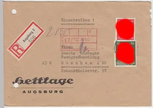 (B1221) Bedarfsbrief DR, R-Brief Augsburg 2, Fa. Hettlage, 1944
