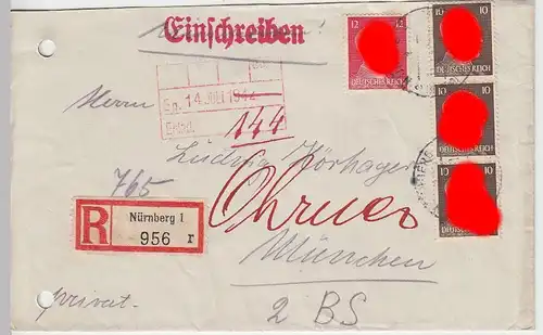 (B1211) Bedarfsbrief DR, R-Brief, 1942, Bahnpost-Ankunftsstempel München