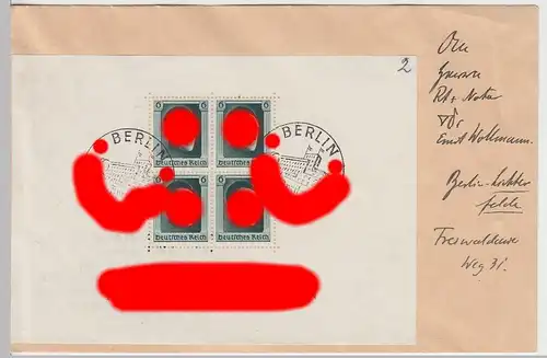 (B1149) Bedarfsbrief DR mit Block 7, Sonderstempel Führergeb. Berlin 1937