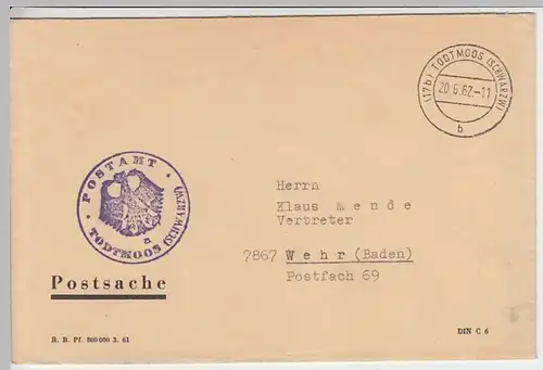 (B989) Bedarfsbrief Postsache BUND, Postamt Todtmoos Schwarzw. 1962