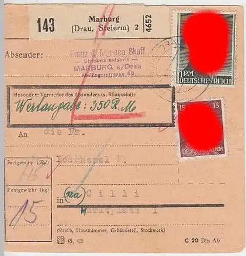 (B902) Paketkarte DR, Stempel Marburg (Drau) 2, 1944