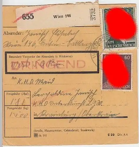 (B901) Paketkarte DR, Stempel Wien 146, 1944
