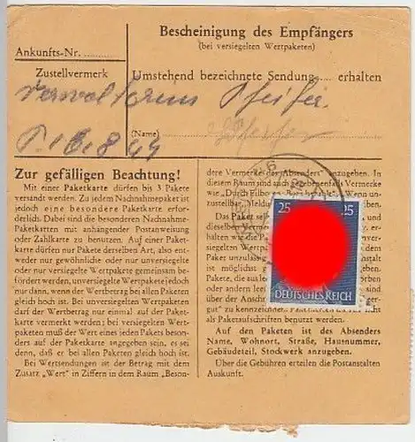 (B901) Paketkarte DR, Stempel Wien 146, 1944