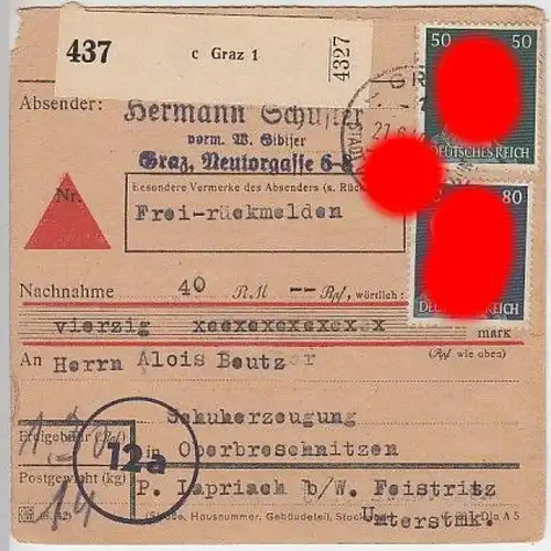 (B896) Paketkarte DR, Nachnahme, Stempel Graz 1, 1944