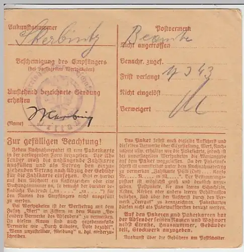 (B890) Paketkarte DR, Stempel Graz 1, 1943
