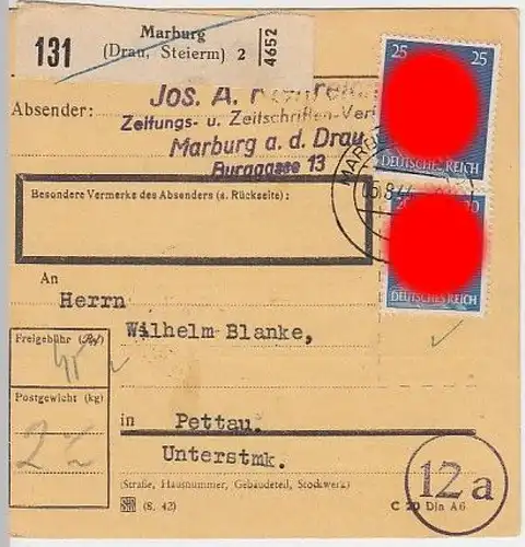 (B889) Paketkarte DR, Stempel Marburg (Drau) 1944