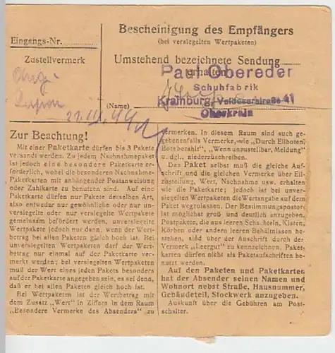 (B888) Paketkarte DR, Stempel Marburg (Drau) 1944