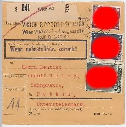 (B887) Paketkarte DR, Stempel 7 Wien 62, 1943