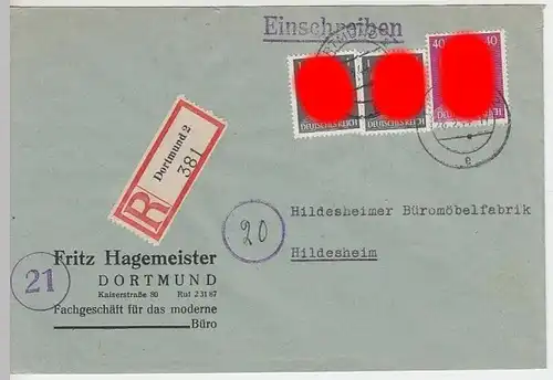 (B825) Bedarfsbrief DR, R-Brief, Fa. Fritz Hagemeister, Dortmund, 1944