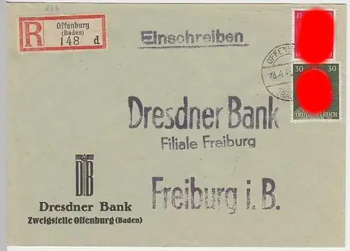 (B824) Bedarfsbrief DR, R-Brief, Dresdner Bank, Offenburg (Baden), 1943
