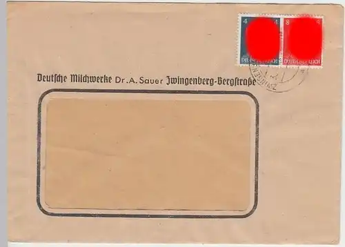 (B818) Bedarfsbrief DR, Milchwerke A. Sauer, Zwingenberg-Bergstraße 1944