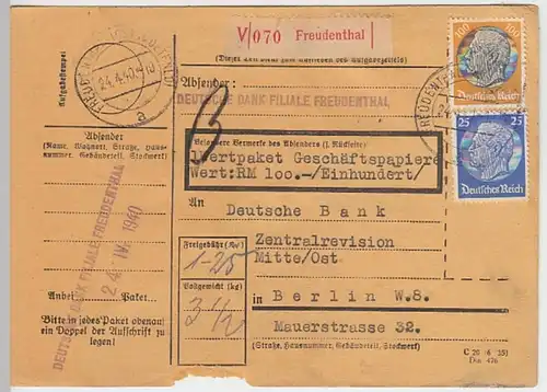 (B666) Paketkarte DR, Stempel Freudenthal (Ostsudeten) 1940