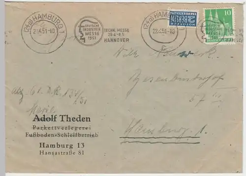(B577) Bedarfsbrief Alliierte Besetzung 1951, Fa.# Adolf Theden, Hamburg