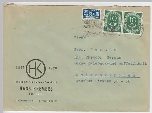 (B545) Bedarfsbrief Bund 1953, Mi 128 waager. Paar, Firmenumschlag