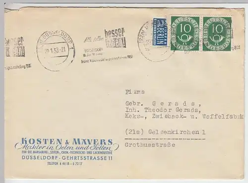 (B539) Bedarfsbrief Bund 1953, Firmenumschlag Kosten & Mählers Düsseldorf