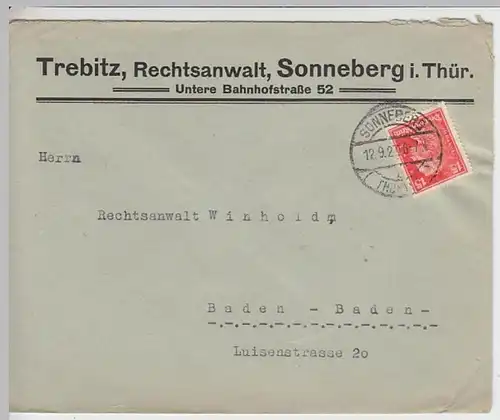 (B457) Bedarfsbrief DR 1927, Mi 391, Firmenumschlag RA Trebitz, Sonneberg