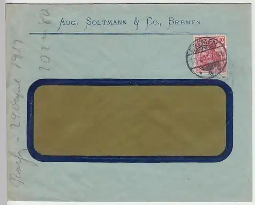 (B445) Bedarfsbrief DR 1913, Mi 86 I, Firmenumschlag Aug. Soltmann, Bremen
