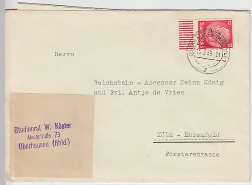 (B408) Bedarfsbrief DR 1939, Mi 519 Randstück, inkl. Schreiben