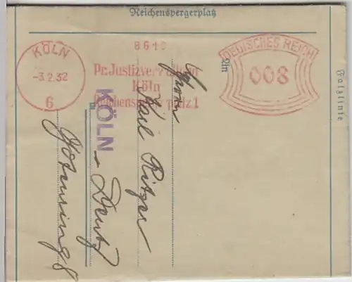 (B388) Bedarfsbrief DR 1932, Freistempel, Siegel Preuss. Gerichtskasse Köln