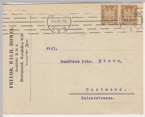 (B387) Bedarfsbrief DR 1925, Mi 355 X, Firmenumschlag Fr. Wilh. Homel, Dortmund