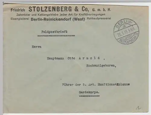 (B380) Bedarfsbrief DR Feldpost 1915, Firmenumschlag Fr. Stolzenberg & Co Berlin