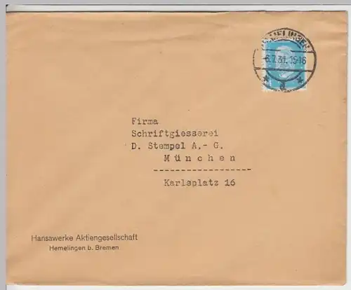 (B303) Bedarfsbrief DR 1931 Mi 454, Hansawerke AG Hemelingen