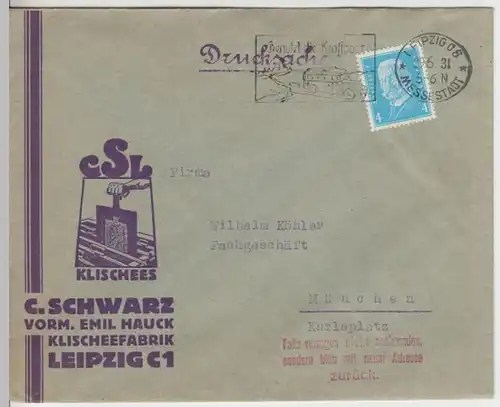 (B293) Bedarfsbrief Klischeefabrik C. Schwarz Leipzig DR 1931 Mi 454