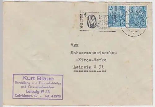 (B274) Bedarfsbrief DDR 1956 Mi 453 waager. Paar, Fa. Kurt Blaue