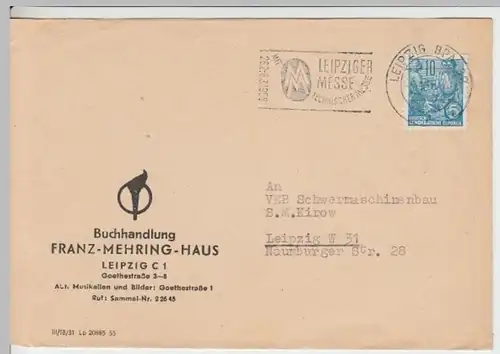 (B208) Bedarfsbrief Buchh. Fr. Mehring-Haus, Leipzig DDR 1956 Mi 453