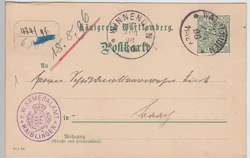 (113099) Ganzsache Dienstsache Württemberg, Kameralamt Waiblingen 1896