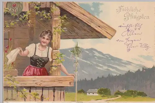 (104917) AK Fröhliche Pfingsten, Alm-Mädel winkt von Berghütte, 1901