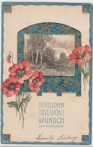 (103649) AK Neujahr, Prägekarte, Mohnblüten, Kirche am Wasser, um 1902