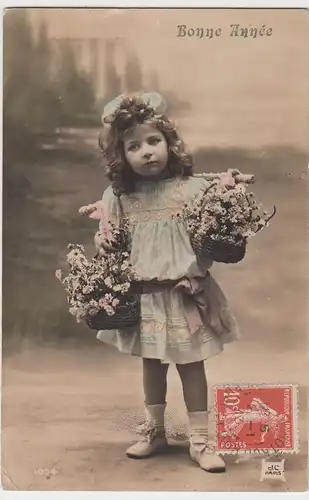 (100568) AK Bonne Année, Neujahr, kleines Mädchen mit Blütenkörbchen 1913