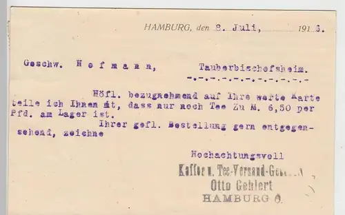 (100239) Postkarte, Otto Gehlert, Kaffee- u. Teeversand Hamburg 1916