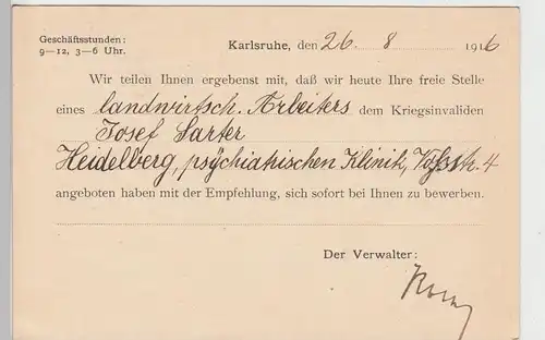 (100236) Postkarte, Landesarbeitsnachweis für Kriegsinvalide 1916