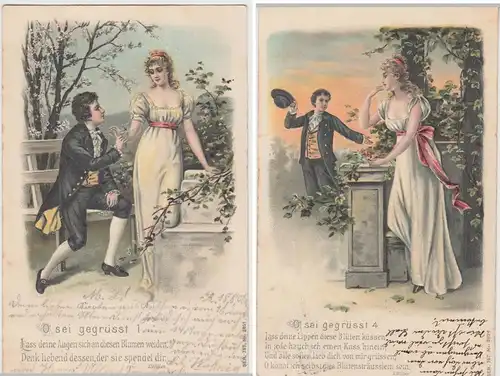 (98472) AK Liebespaar "O sei gegrüßt", Prägekarte, 2 Karten aus Serie 1905