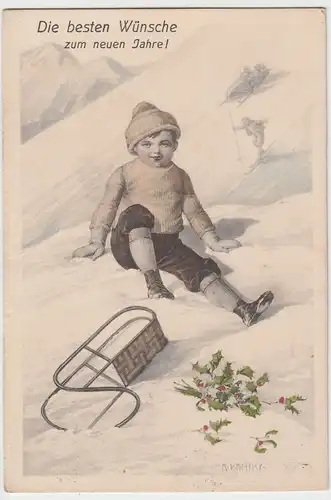 (98339) AK Glückwunsch Neujahr, Kind im Schnee mit Schlitten, 1909