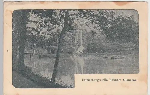 (96738) AK Glauchau, Sachsen, Gründelteich, Brücke, Gedenksäule 1925