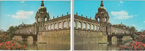 (96313) AK Dresden, Zwinger, 2 Karten i. spiegelbildl. Ausführung 1977 u. 86