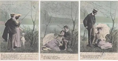 (94399) AK Liebespaar, 3 Karten aus Serie -Im grünen Tann- 1906