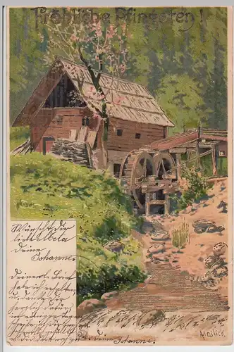 (94294) AK Glückwunsch Pfingsten, Wassermühle, Golddruck 1903