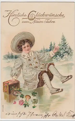 (94213) AK Glückwunsch Neujahr, Kind mit Schlittschuhen, Golddruck 1907
