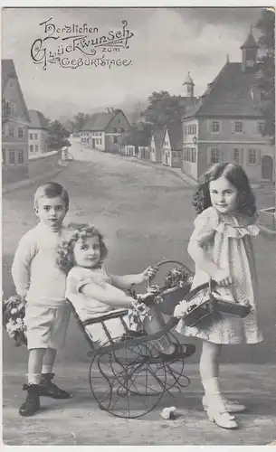 (94184) AK Glückwunsch Geburtstag, Kinder mit Wägelchen, 1916