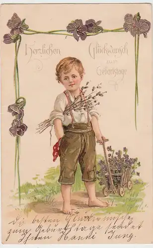 (94156) AK Glückwunsch Geburtstag, Junge mit Wägelchen, 1906