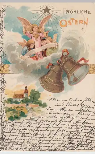 (94107) AK Glückwunsch Ostern, Engel und Glocken, Golddruck 1902