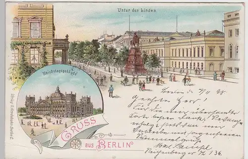 (93761) AK Gruss aus Berlin, Reichstag, Unter den Linden, Litho 1898