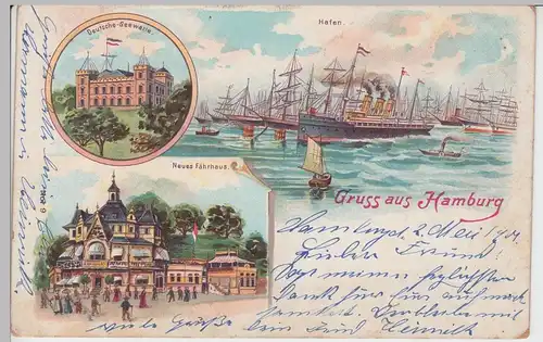 (93560) AK Gruss aus Hamburg, Seewarte, Fährhaus, Hafen, Litho 1901