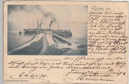(93516) AK Gruss aus Cuxhaven, Alte Liebe mit Dampfer, 1898