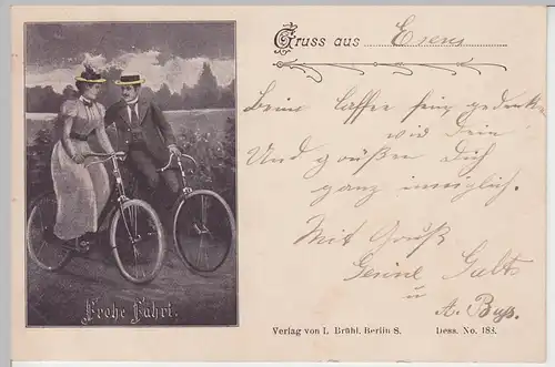 (93494) AK Grußkarte, Paar fährt Rad -Frohe Fahrt-, 1898